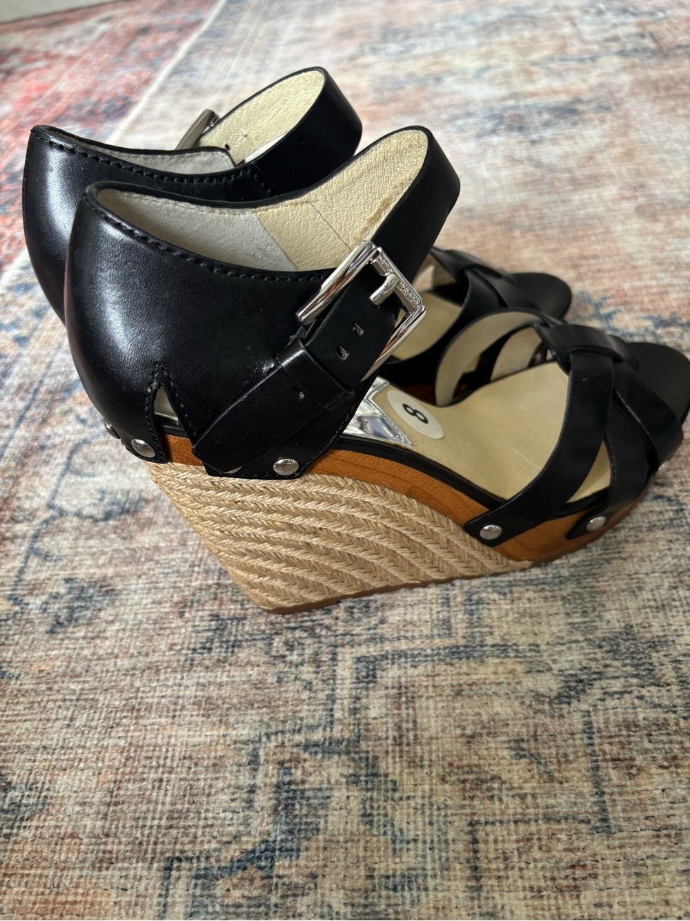 Michael Kors Black Leather Espadrille Wedge Sandals with Buckle - Picture 14 of 15